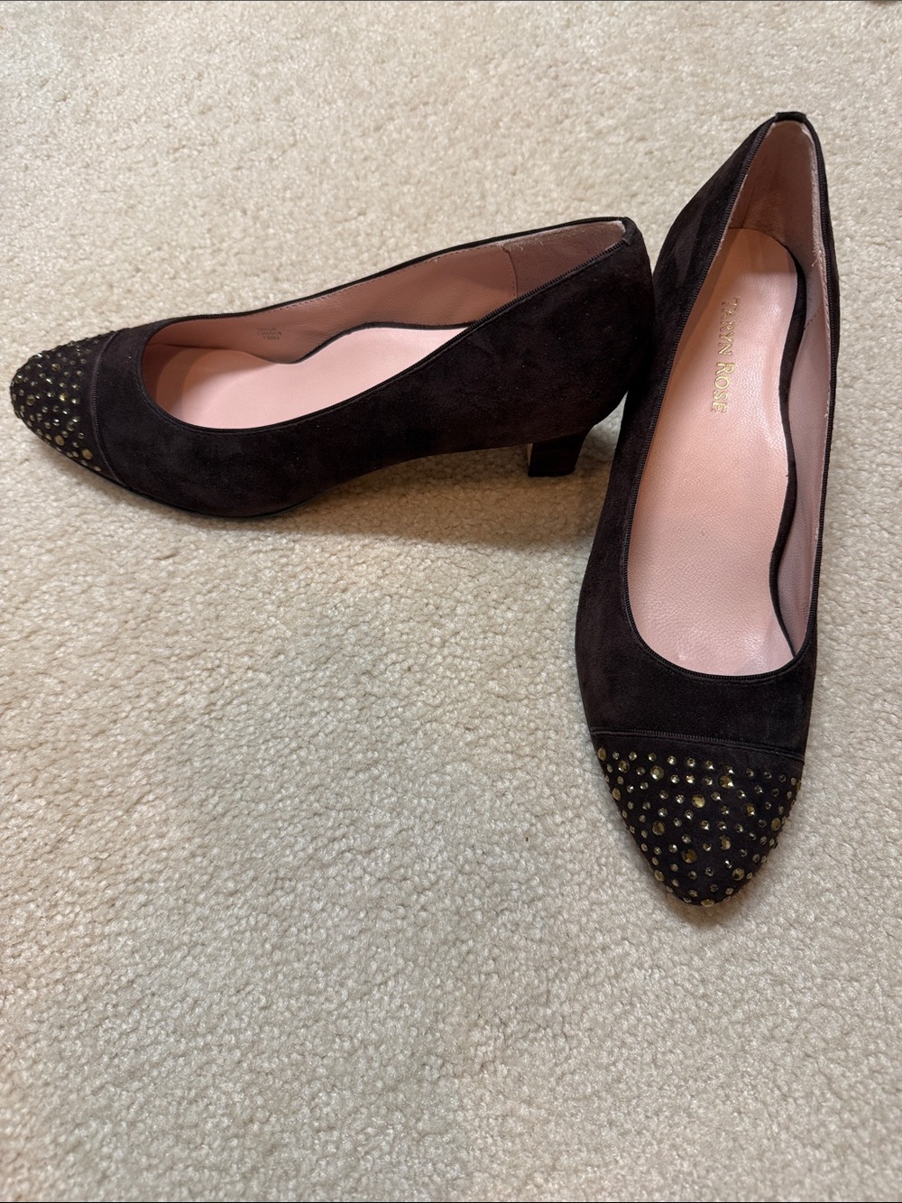 Brown Suede Studded Kitten Heel Pumps